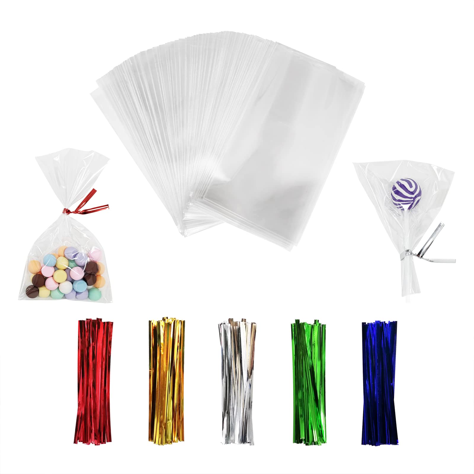 100PCS Cellophane Bags 3x5 inches, Clear Treat Bags with 4’’ Twist Ties, Plastic Cello Bags - 1.4 mils Thick OPP Rice Crispy Bags for Gift Goodie Favor Candy Cake Pop Birthday Party Cookies (3’’ x 5’’