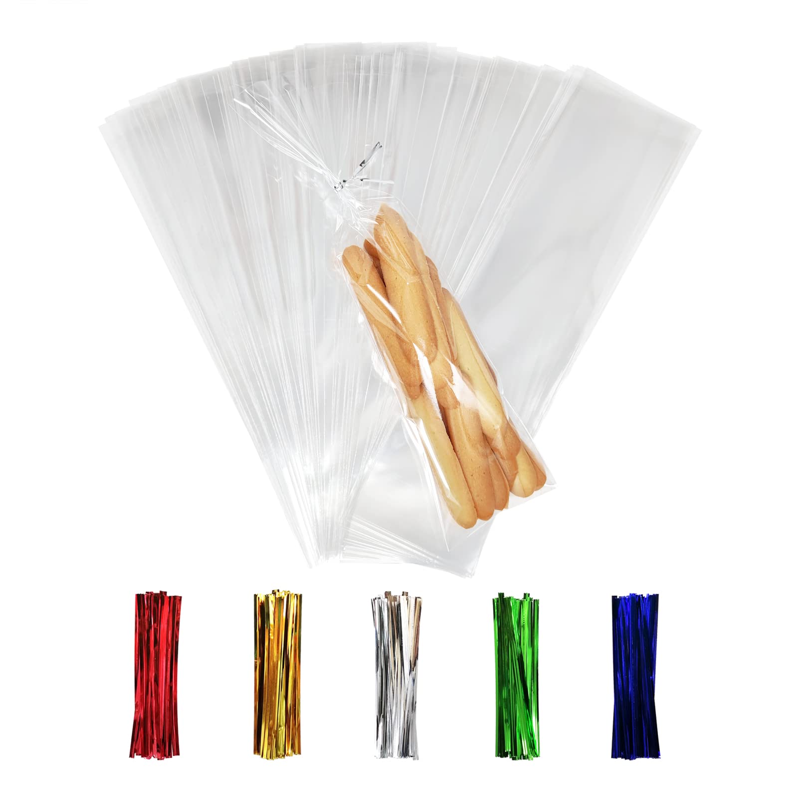 100PCS Cellophane Bags 3x11 inches, Clear Treat Bags with 4’’ Twist Ties, Plastic Cello Bags - 1.4 mils Thick OPP Rice Crispy Bags for Gift Goodie Favor Candy Cake Pop Birthday Party Cookies (3’’ x 11